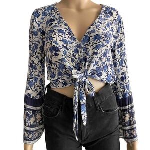 American Eagle Blue White Floral Tie Front Bell Sleeve Crop Blouse Top Small